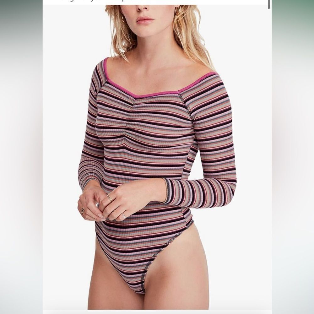 Intimately Free People Womens Put A Stripe On It Thong Bodysuit Purple large top